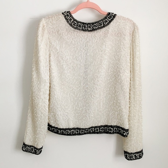 Vintage Ivory Black Sequined Beaded Embroidered Silk Dress Blazer Jacker Small - Picture 10 of 11